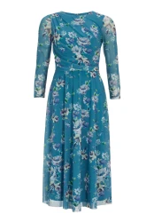 Blumiges Mesh-Kleid mit Drapierung / Blau