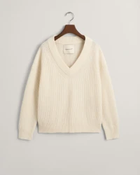 Gerippter V-Neck Damen Wollpullover / Creme