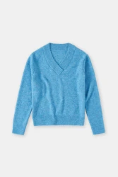 Damen V-Pullover aus Alpaka-Mix / Blau